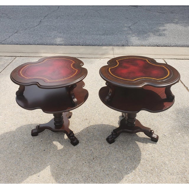 Refinished English Regency 2-Tier Leather Top Insert Stenciled Side Tables - A Pair For Sale - Image 11 of 11