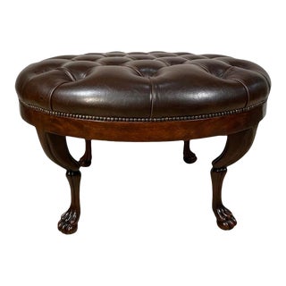 Theodore Alexander Round Tufted Leather Ottoman For Sale