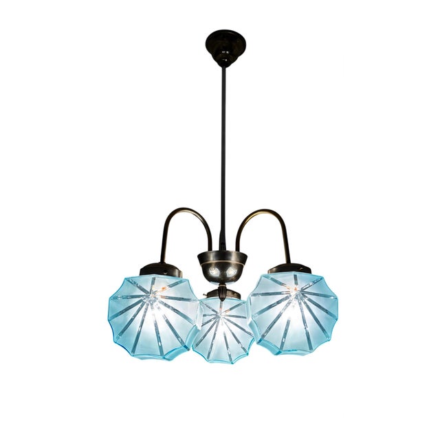 Art Deco 3-Armed Chandelier with Blue Glass Shades, Europe, 1930s For Sale - Image 11 of 11