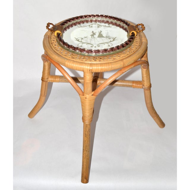 1950s Round Venetian Etched Rope Burgundy Art Glass Mirrored Tray Bronze Handles For Sale In Miami - Image 6 of 18