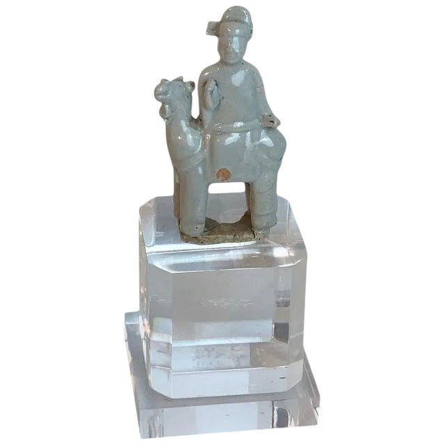 15th Century & Earlier Song Dynasty Chinese Celadon Porcelain Horse and Rider on Later Lucite Pedest For Sale