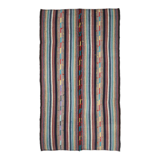 Vintage Turkish Oushak Handmade Wool Cotton Blue Kilim Area Rug For Sale