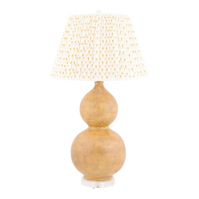 21st Century Glazed Ceramic Double Gourd Lamp + Custom Gathered Pleat For Sale