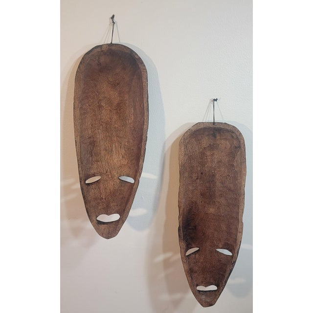 Pair of Hand Carved Wooden Tribal Face Mask Folk Art For Sale - Image 13 of 16