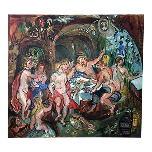 1970s Wyona Diskin Modern Baroque Feast Oil Painting Amongst Monkeys and Parrot For Sale