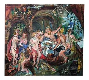 1970s Wyona Diskin Modern Baroque Feast Oil Painting Amongst Monkeys and Parrot