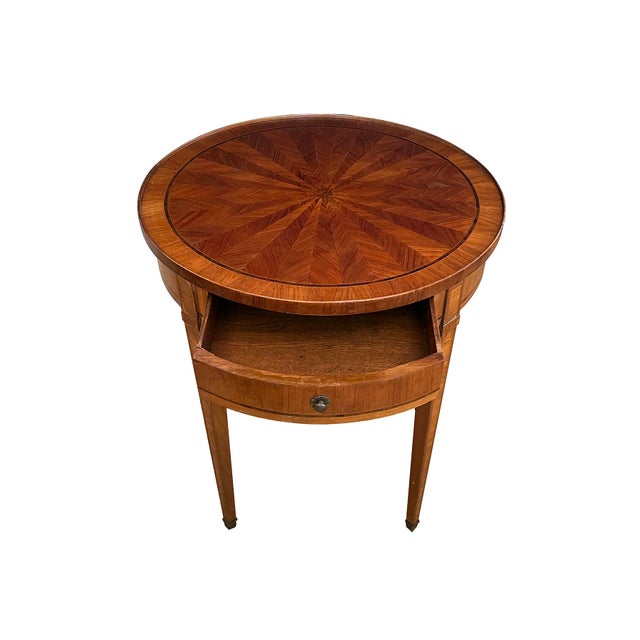 French French Louis XVI Style Tulipwood Marquetry Veneered Circular Side Table For Sale - Image 3 of 7