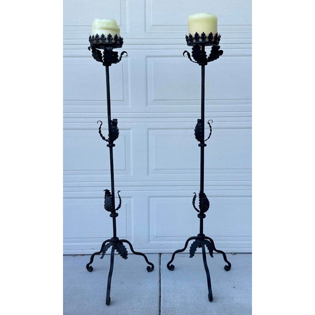 Gothic Mid 20th Century Spanish Forged Iron Floor Candlesticks, Torchieres 5 Ft Tall - Pair For Sale - Image 3 of 16