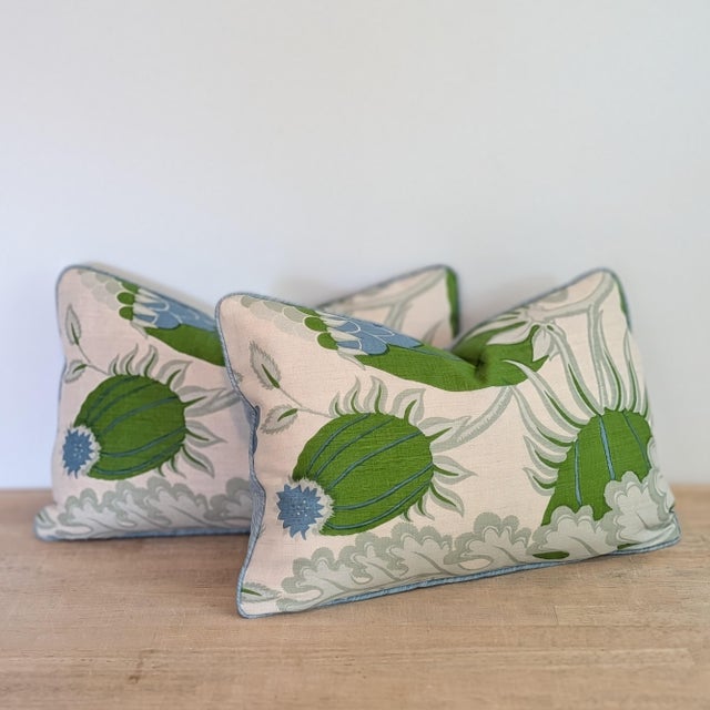 Not Yet Made - Made To Order Christopher Farr Cloth Carnival Print Linen 14x20" Lumbars in Blue & Green With Blue Cord - Pair For Sale - Image 5 of 7