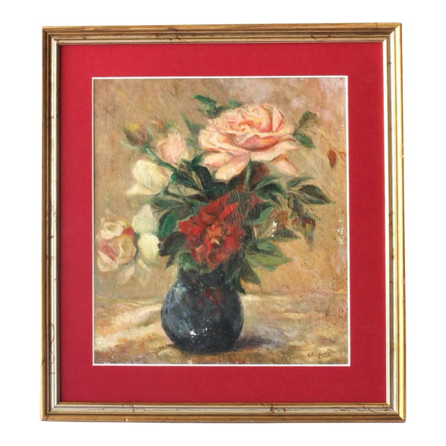 Midcentury French Botanical Still Life W/ Roses For Sale