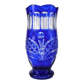 Large Blue Cut to Clear Vase For Sale