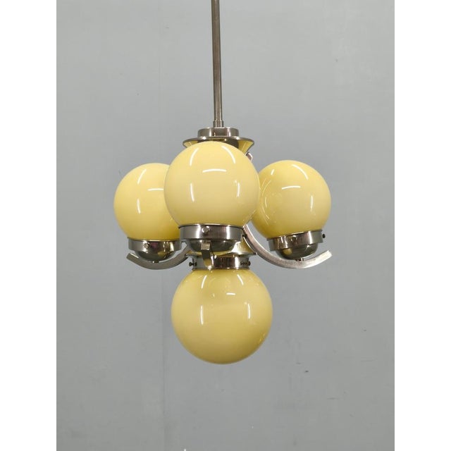 Art Deco Chrome and Opaline Glass Chandelier, 1930s For Sale - Image 4 of 14
