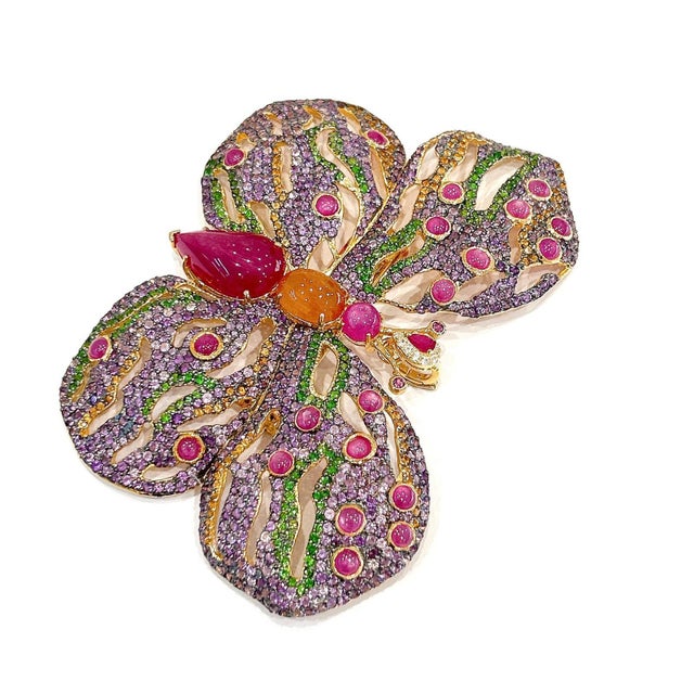 Bochic “Orient” Vintage Ruby & Multi Gem Butterfly Brooch Set 18K Gold & Silver For Sale In New York - Image 6 of 15