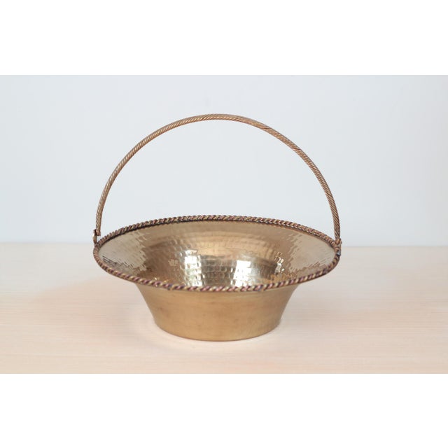 1970s Mid-Century Hammered Brass Basket Bowl With Swing Handle For Sale - Image 5 of 15