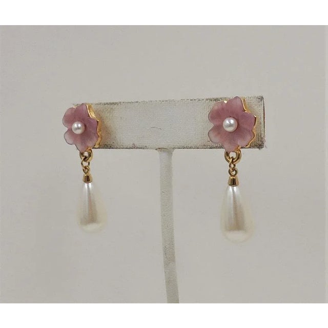 Napier Vintage Circa 1990 Napier Resin Flowers & Faux-Pearl Pierced Earrings - 2 Pieces For Sale - Image 4 of 7
