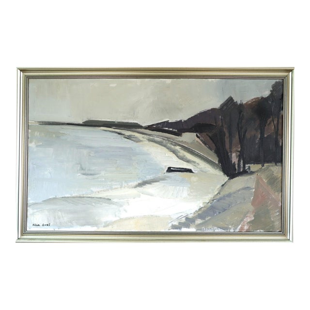 Mid-Century Modern 'Still Coast' Vintage Swedish Abstract Coastal Landscape Oil Painting, Framed For Sale