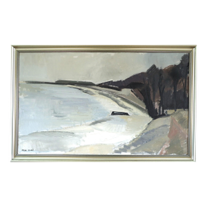 Mid-Century Modern 'Still Coast' Vintage Swedish Abstract Coastal Landscape Oil Painting, Framed