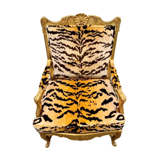 French French Regency Giltwood Fauteuil Lounge Chair in Scalamandré Le Tigre Tiger Silk Velvet For Sale - Image 3 of 13