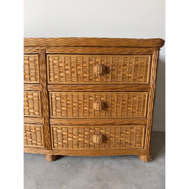 Wood Vintage Coastal Organic Woven Rattan Six-Drawer Dresser For Sale - Image 7 of 12