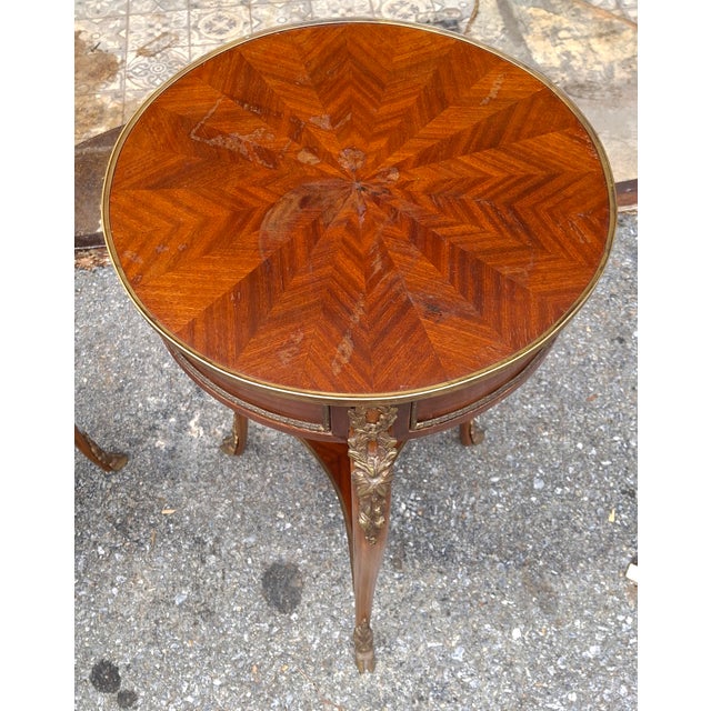 Wood Pair Louis XV Style Gilt Metal Mounted Parquetry Mahogany Side Tables For Sale - Image 7 of 11