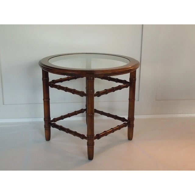 1970s Vintage Faux Bamboo Walnut and Glass End Table For Sale - Image 11 of 12