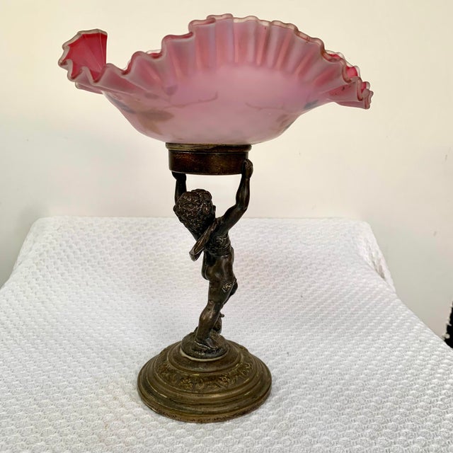 Mid 19th Century Ruffled Bowl Centerpiece on Bronze Cherub Base, Victorian Bride's Bowl For Sale - Image 5 of 8