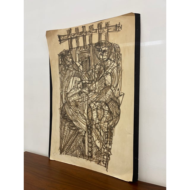 Figurative Vintage Abstract Figurative Ink Drawing on Paper, Signed Modernist Expressionist Artwork. For Sale - Image 3 of 10