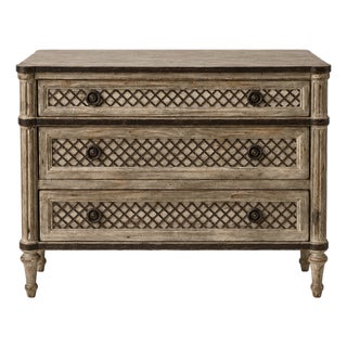 French Louis XVI Style Lattice & Painted 3 Drawer Chest - Restoration Hardware Treillage For Sale