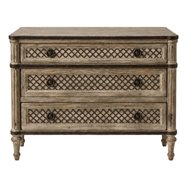 French Louis XVI Style Lattice & Painted 3 Drawer Chest - Restoration Hardware Treillage For Sale