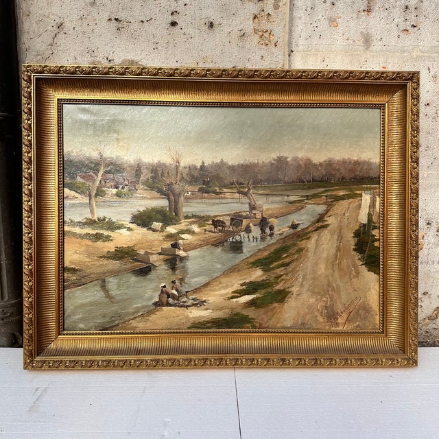 A. Pulido García, Washerwomen of the Manzanares, 1890s, Oil on Canvas For Sale - Image 3 of 18