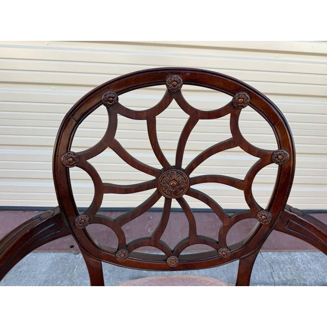 Brown Late 20th Century Pair of Georgian Style Carved Spider Web Back Carved Mahogany Armchairs For Sale - Image 8 of 12