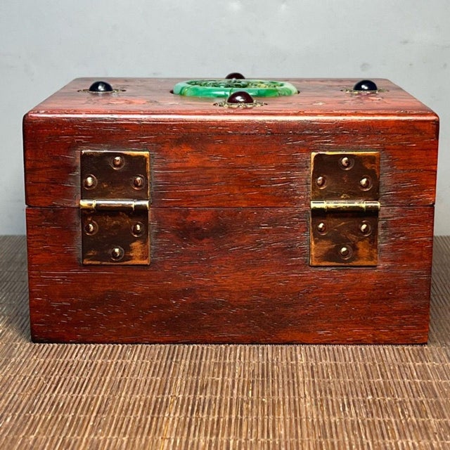 Vintage Rosewood Jewelry Box With Mother of Pearl & Jade Inlay | Chinoiserie Trinket Box For Sale - Image 9 of 9
