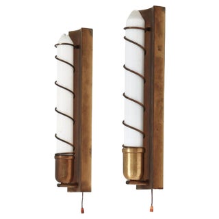 Art Deco Wall Lamps in Brass & Opaline Glass, Denmark, 1940s, Set of 2 For Sale