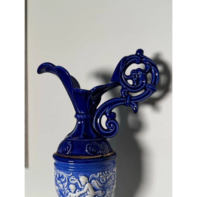 Vintage Baroque Embossed Cobalt Blue & Gold Ceramic Decorative Pitcher For Sale - Image 10 of 10