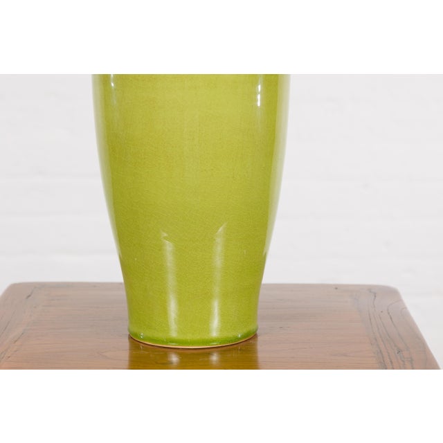 Early 21st Century Artisan Handmade Lime Green Glazed Ceramic Vase with Brown Neck For Sale - Image 10 of 12
