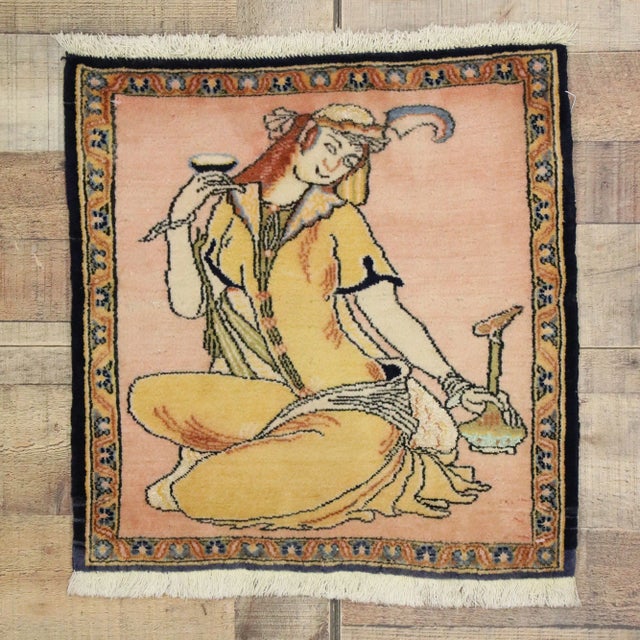 Peach Vintage Persian Khamseh Pictorial Rug, Persian Wall Hanging - 01'08 X 01'08 For Sale - Image 8 of 9