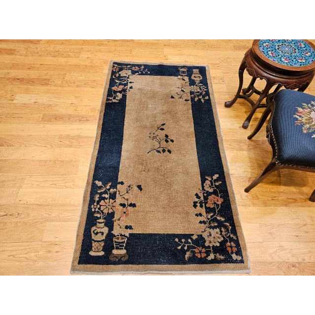 1900 - 1909 Vintage Art Deco Chinese Area Rug, Handwoven Wool, Floral Medallion, 3' x 6' For Sale - Image 5 of 17