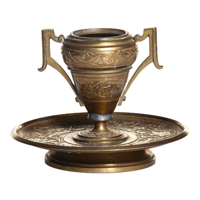 Antique Hand Tooled Brass Candle Holder For Sale