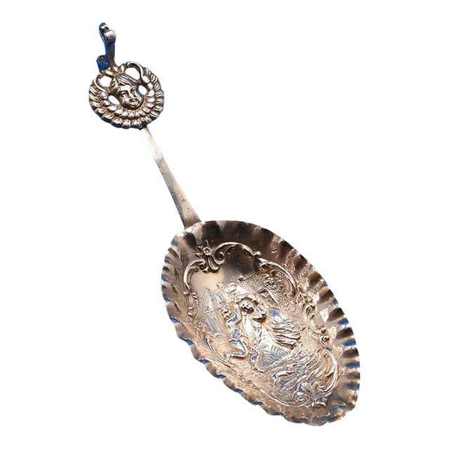 Antique Silver German Hanau Dancing Couple W Dog & Cherub Tea Caddy Sauce or Gravy Spoon For Sale