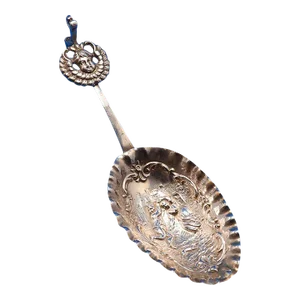 Antique Silver German Hanau Dancing Couple W Dog & Cherub Tea Caddy Sauce or Gravy Spoon