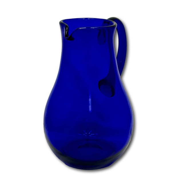 Stunning Vintage Retro Art Deco Deep Cobalt Blue Hand Blown Art Glass Pitcher - Circa Mid 20th Century For Sale - Image 12 of 18