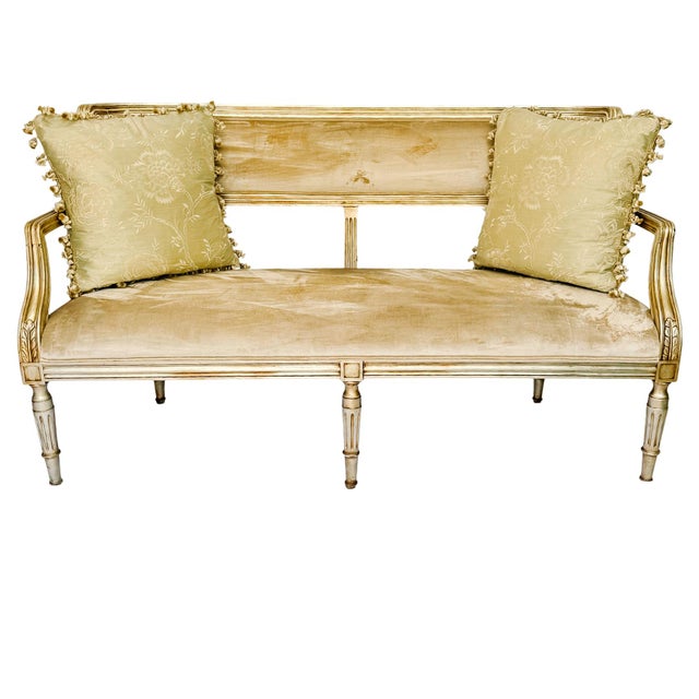 Late 20th Century Late 20th Century French Neoclassical Louis XVI Style Giltwood & Painted Settee With Champagne Velvet Upholstery For Sale - Image 5 of 10