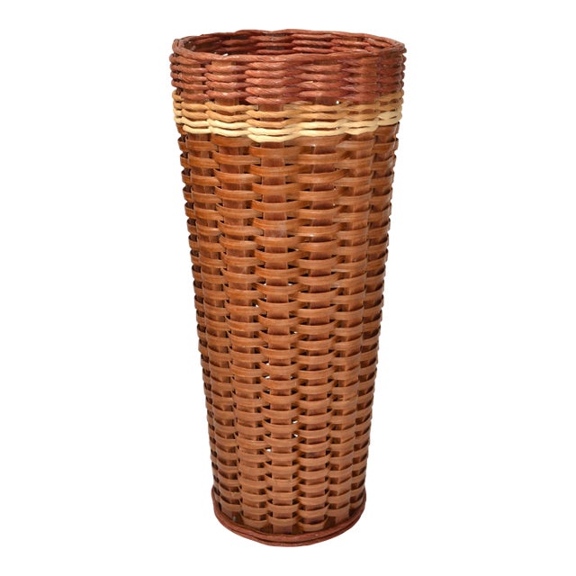 1990 Natural Hand Woven Fibers Cane Bamboo Wood Umbrella Stand Floor Vase For Sale