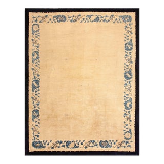 Enchanting Beige Background Color and Black Border With Tone-on-Tone Pattern Antique Chinese Peking Rug For Sale