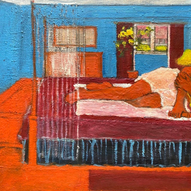 Cerulean Matisse Style Vintage Mid Century Modernist " Bedroom, Afternoon Napping " Framed Original Post-Impressionist Impasto Oil Painting on Linen For Sale - Image 8 of 18