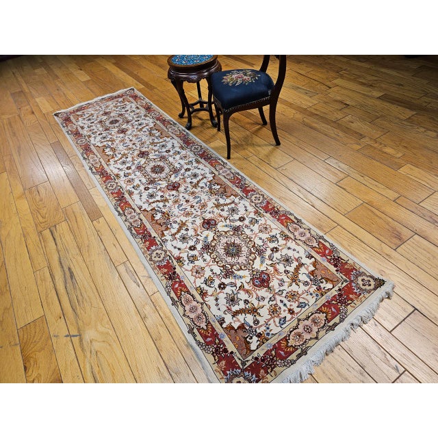 Persian Vintage Persian Tabriz Runner, Fine Hand-Knotted Wool & Silk, Floral Design, Ivory & Red, 3x11 For Sale - Image 3 of 16
