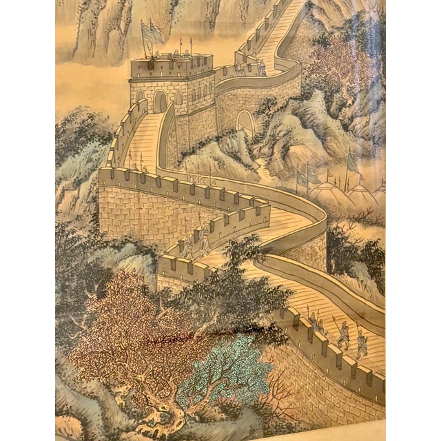 Green Chinese Antique Multi-Color Great Wall Painting Scroll on Silk in Custom Frame For Sale - Image 8 of 12