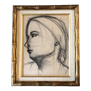 Original Vintage Abstract Charcoal Study Drawing Female Portrait Faux Bamboo Vintage Frame For Sale