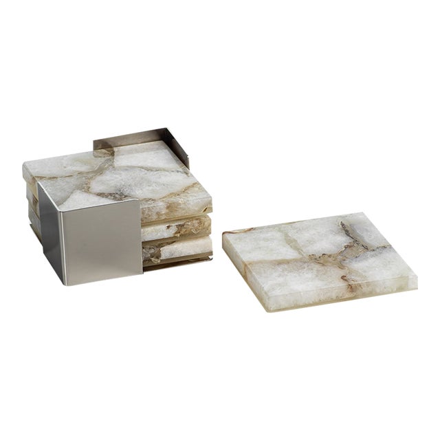 Corfu Agate Coasters on Metal Tray, Taupe & White, 5 Pieces For Sale