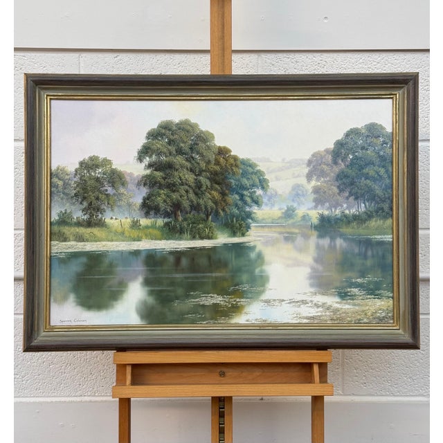 Peaceful Misty Riverside in the English Countryside with Cows & Tree Reflections Circa 1990 For Sale - Image 11 of 17